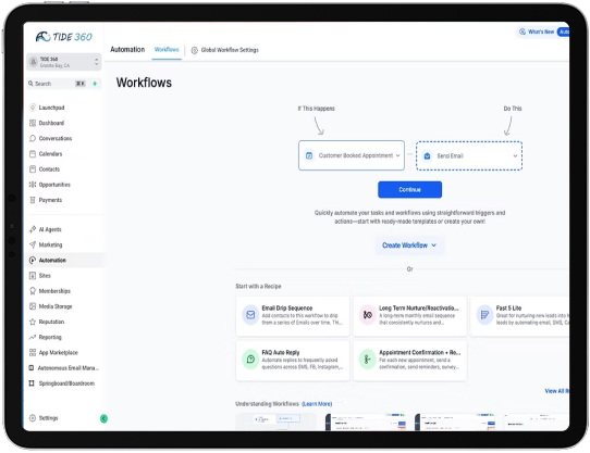 Tide360 unified CRM and pipeline dashboard showing leads, deals, and automation